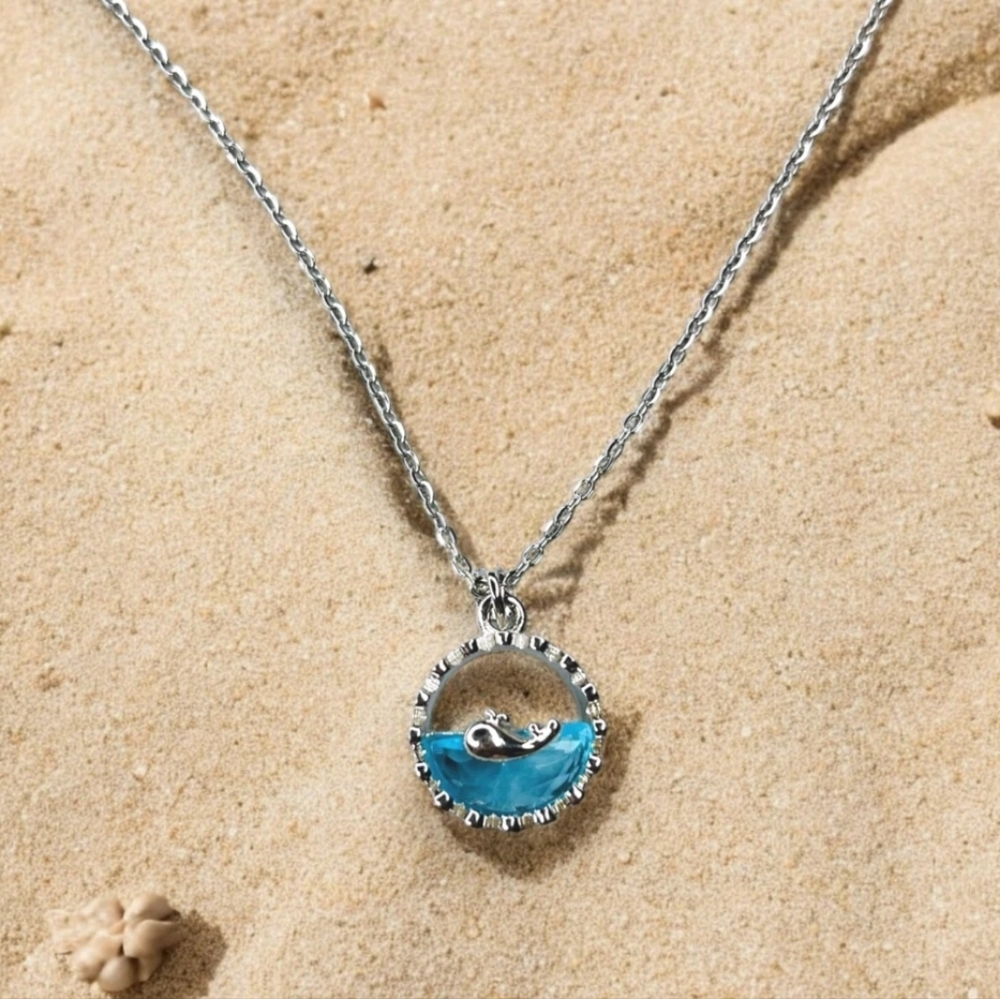Elegant Stainless Steel and‎ Blue Wave Dolphin Whale Pendant Necklace